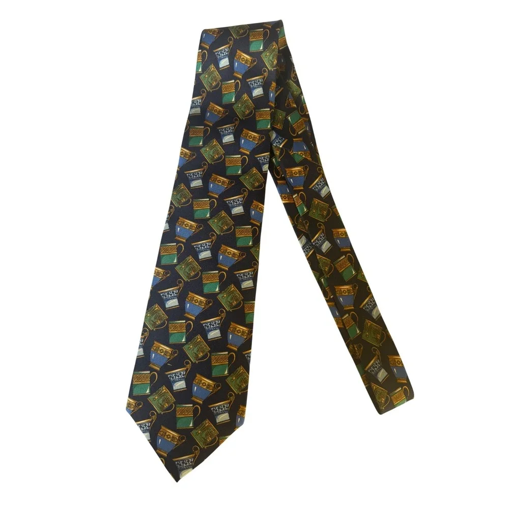 Vintage Gucci Men Tea Cups Neck Tie Navy Blue Silk Italy Luxury Designer Italian
